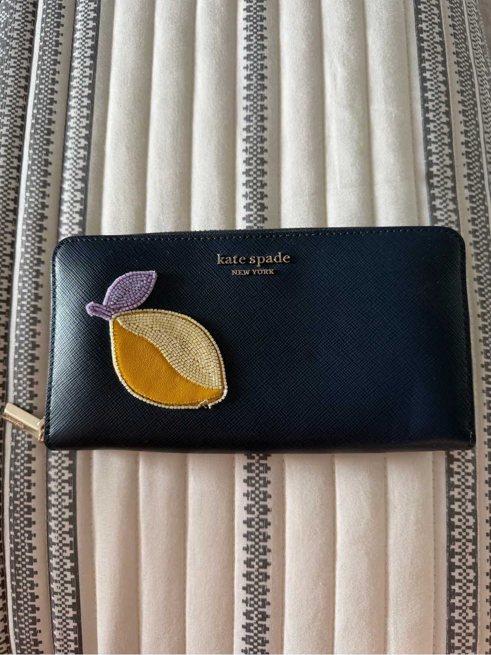 kate spade Black Saffiano Zip Wallet with Yellow Lemon and Purple Leaf